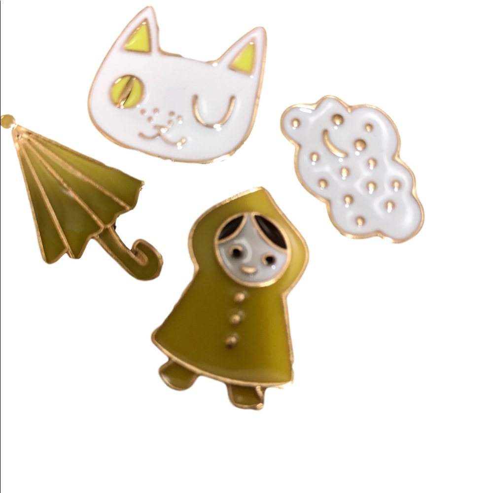 4 Enamel Pins April Showers Raincoat Cloud Cat